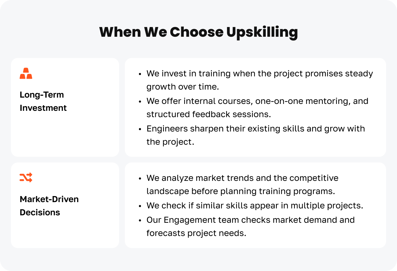 An image describing Engineer Allocation at JetRuby and Strategic Talent Distribution highlighting when we choose upskilling