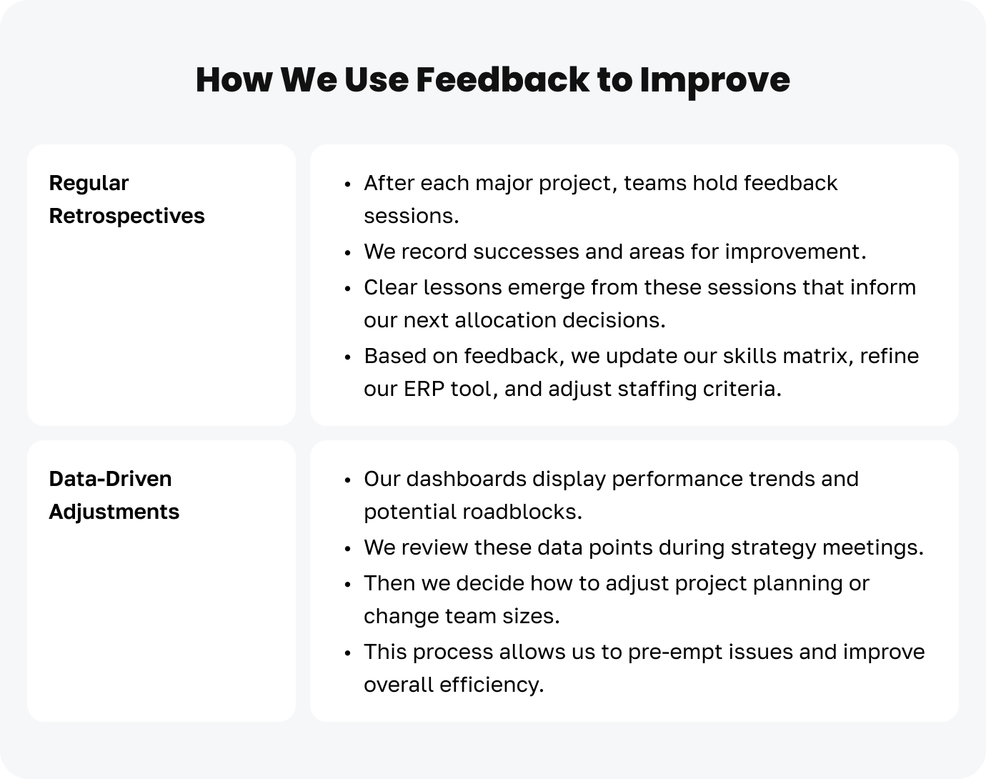 An image describing Engineer Allocation at JetRuby and Strategic Talent Distribution highlighting how we use feedback to improve our allocation strategies