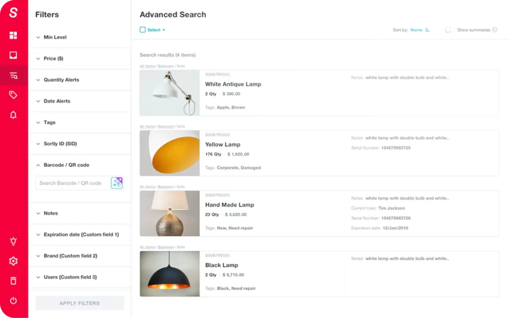 An inventory management system interface showing filtered search results for various lamp products, including barcode search, category tags, price, quantity, notes, and user metadata. AI Logistics: AI in supply chain management article.