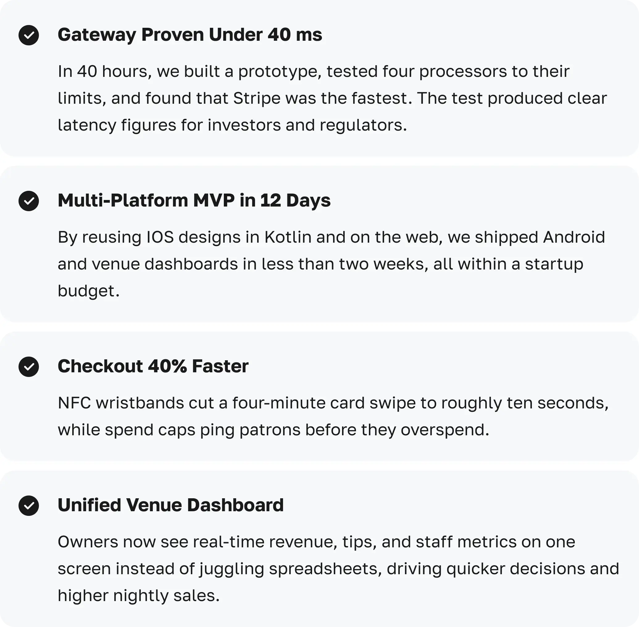 Key results achived by our team for Moments NFC while development process captioned in the article AI FinTech: Benefits, Use Cases & Generative AI in Financial Services