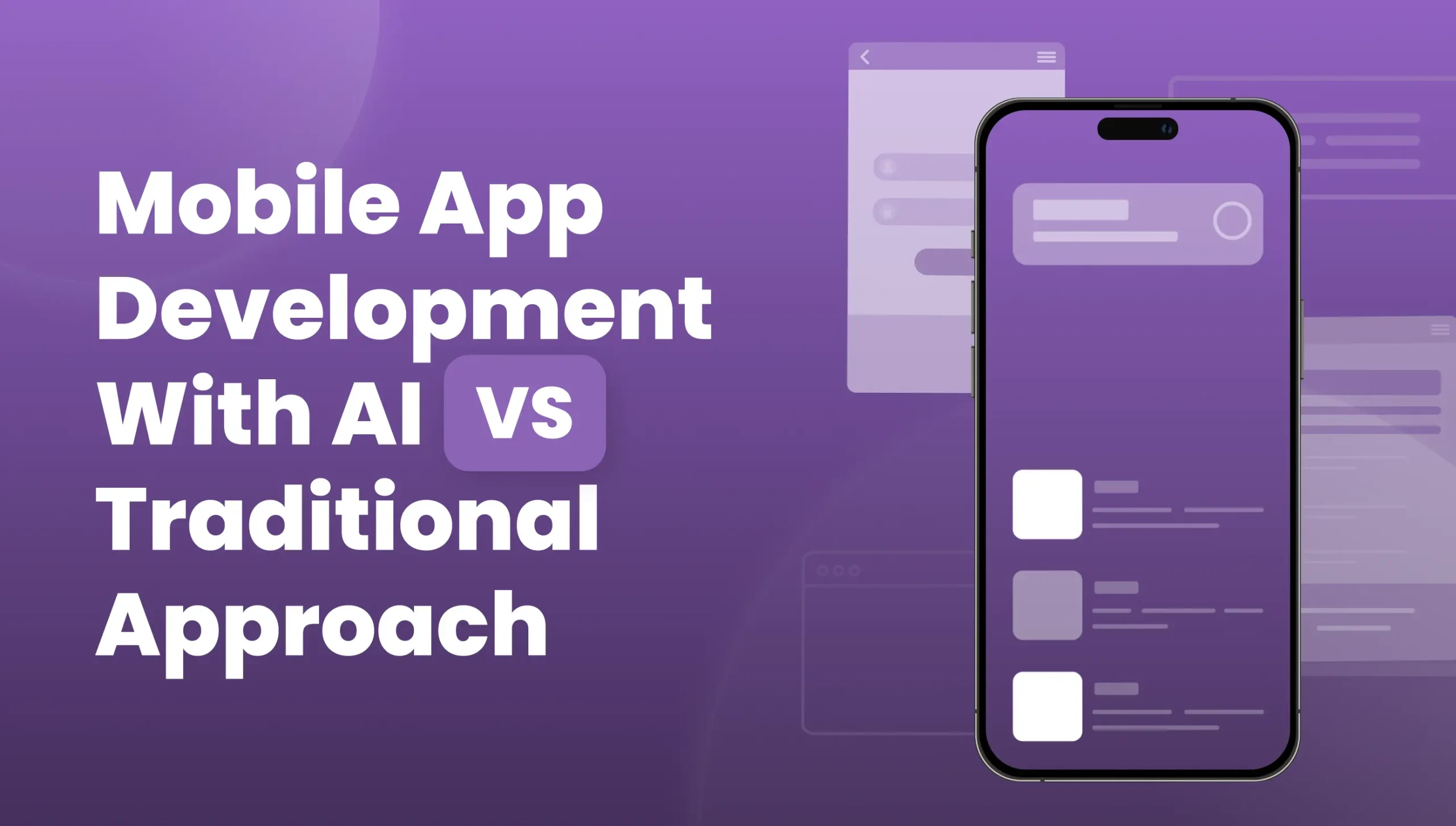 Banner comparing mobile app development with AI versus traditional approach, featuring smartphone UI on purple background