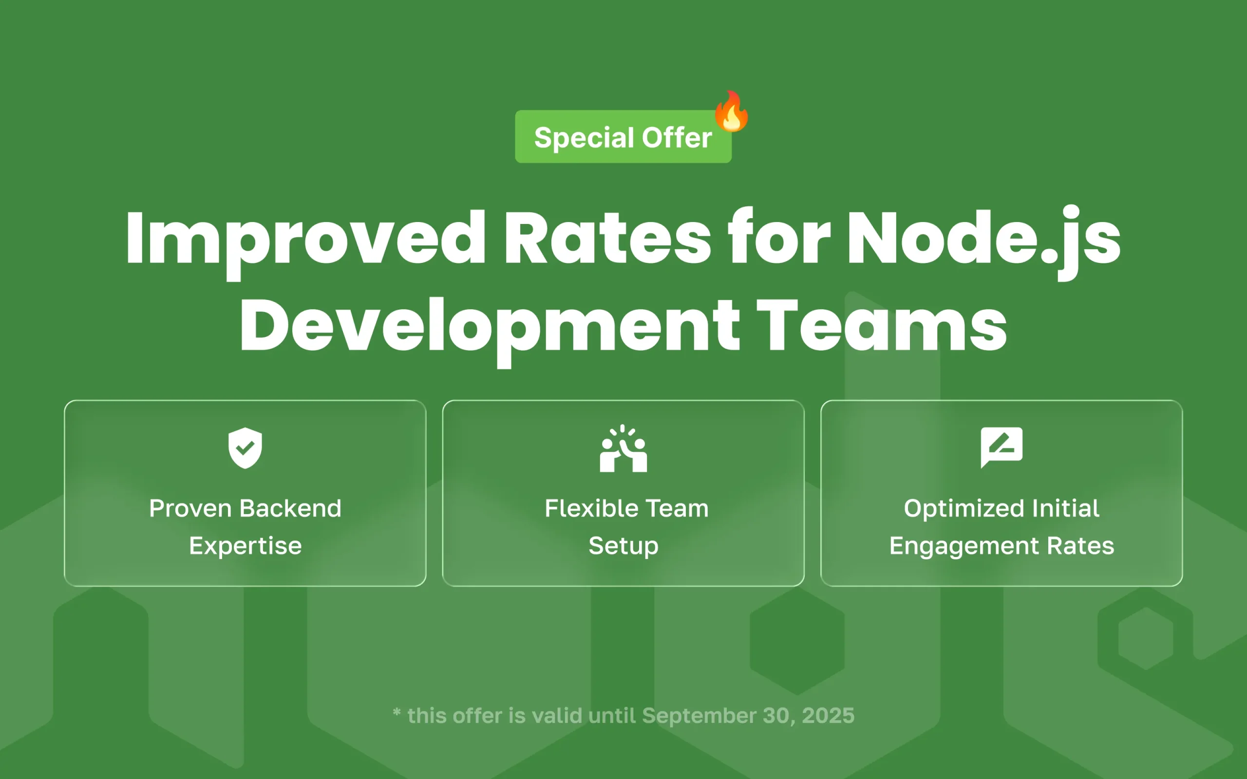 “Promotional banner offering improved rates for Node.js development teams with icons for backend expertise, flexible teams, and engagement rates”
