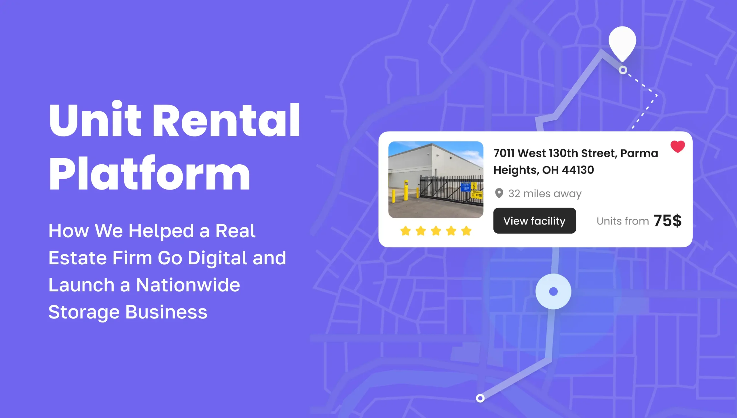 Unit Rental Platform banner showing facility location card with address, price, and customer rating over a map background