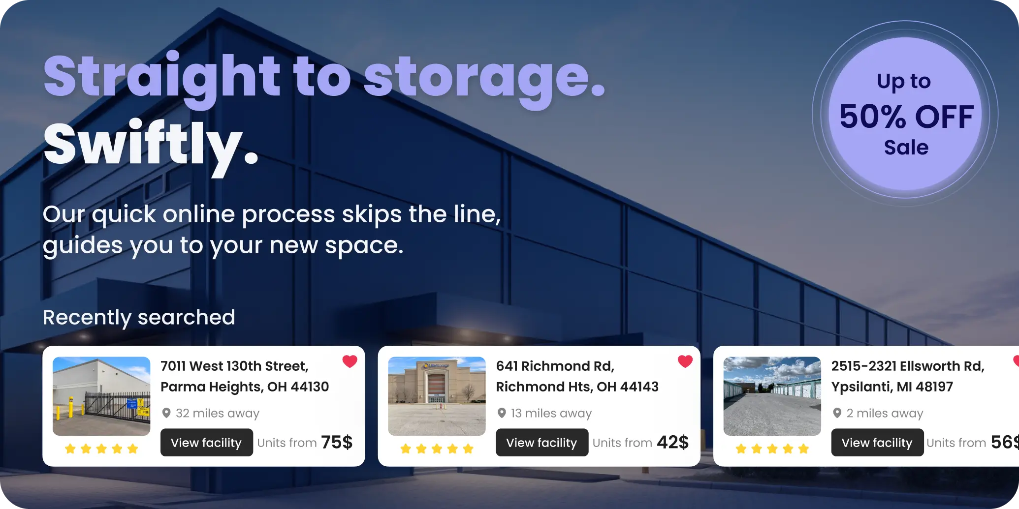 Self-storage rental platform banner with facility listings, discount offer, and tagline promoting fast online booking