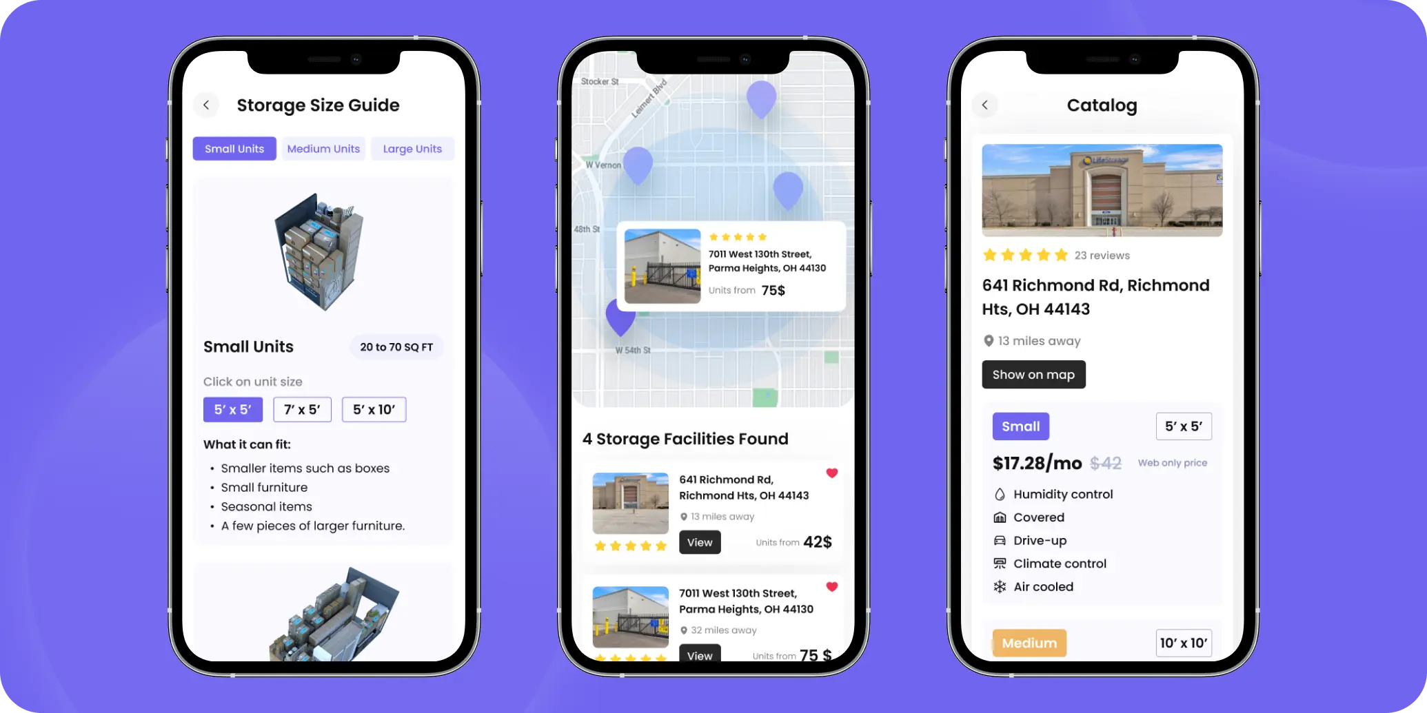 Mobile app UI showcasing storage size guide, nearby facility map, and storage unit pricing catalog on three smartphone screens
