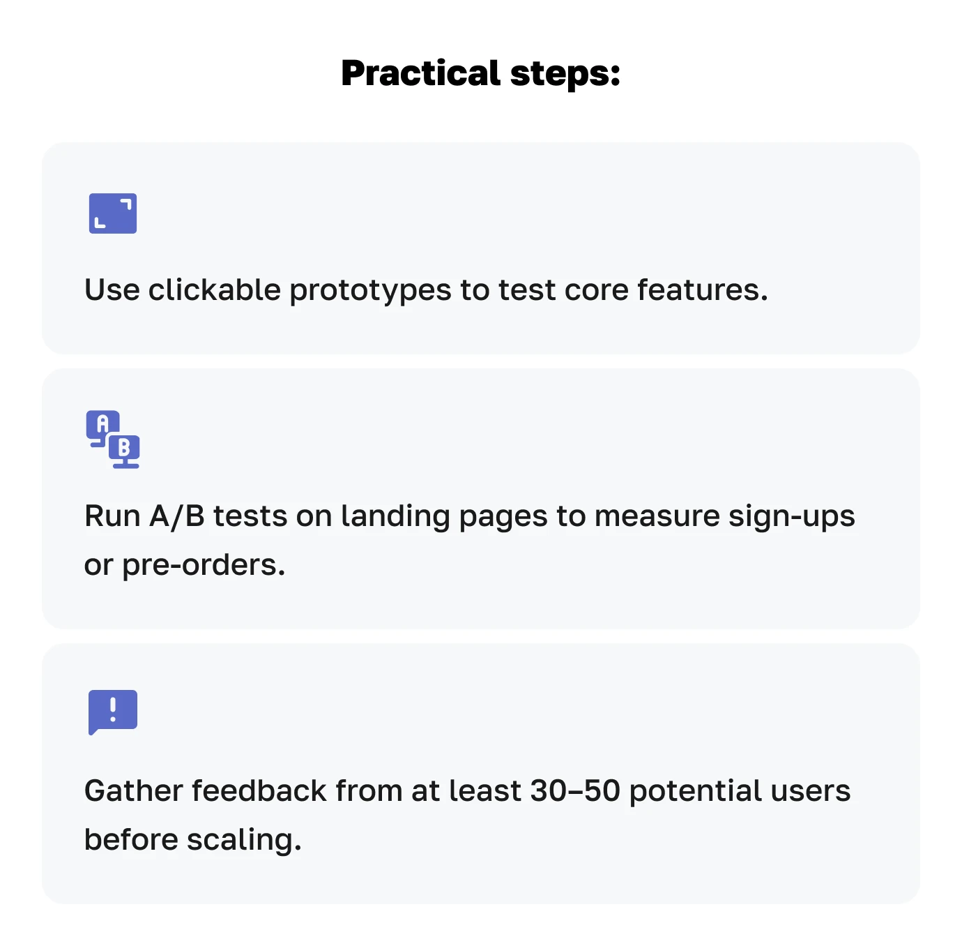 Practical steps for validating ideas before software development: clickable prototypes, A/B testing, and user feedback collection.