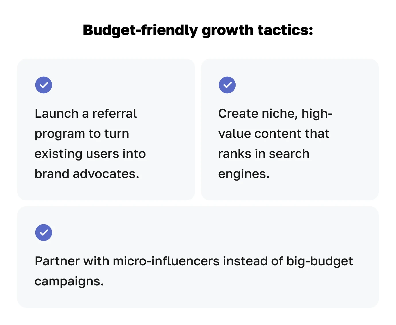 Budget-friendly growth tactics: referral programs, SEO-driven content, and micro-influencer partnerships.