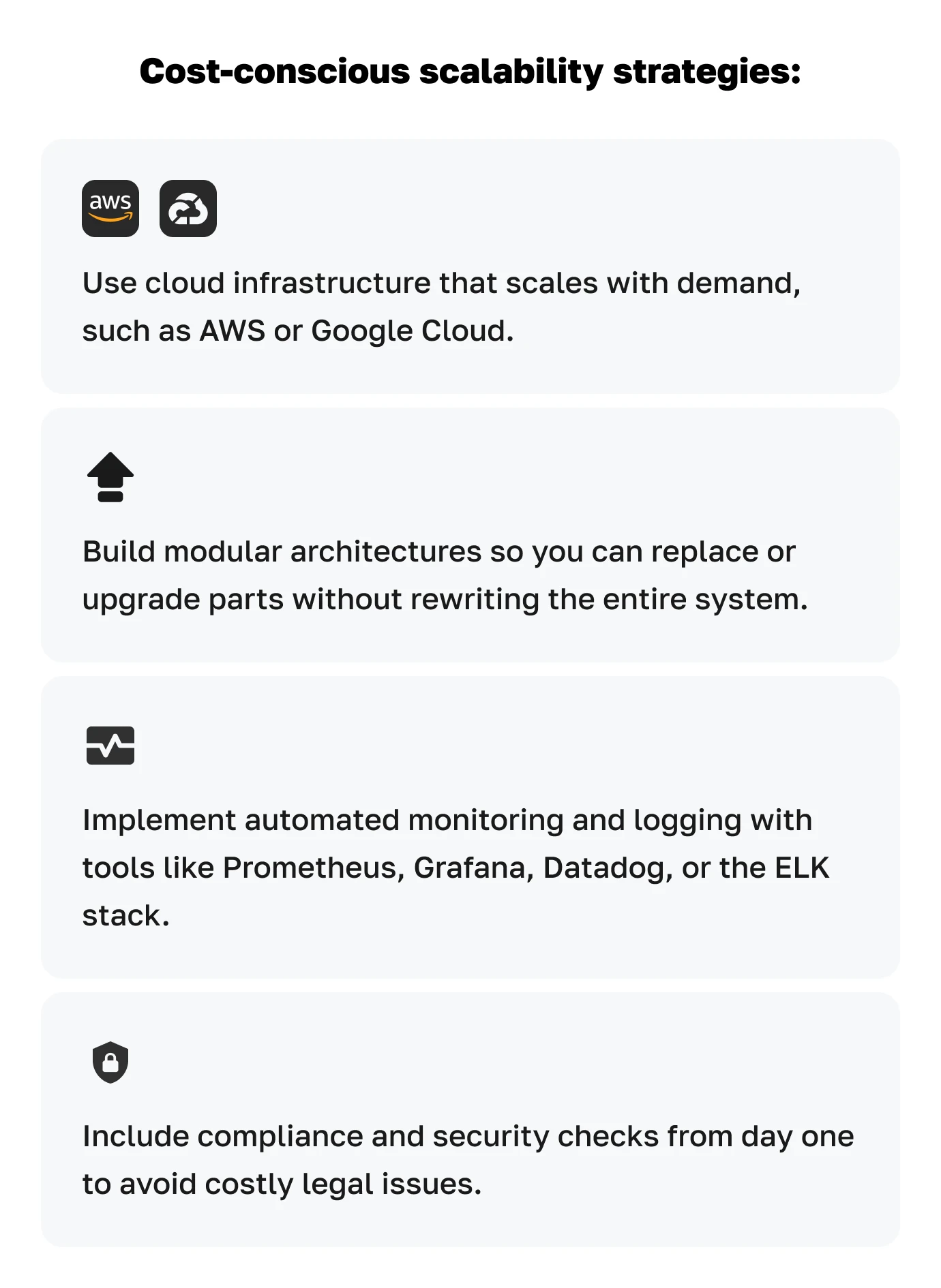 Cost-conscious scalability strategies for cloud infrastructure, modular architecture, monitoring, and compliance.