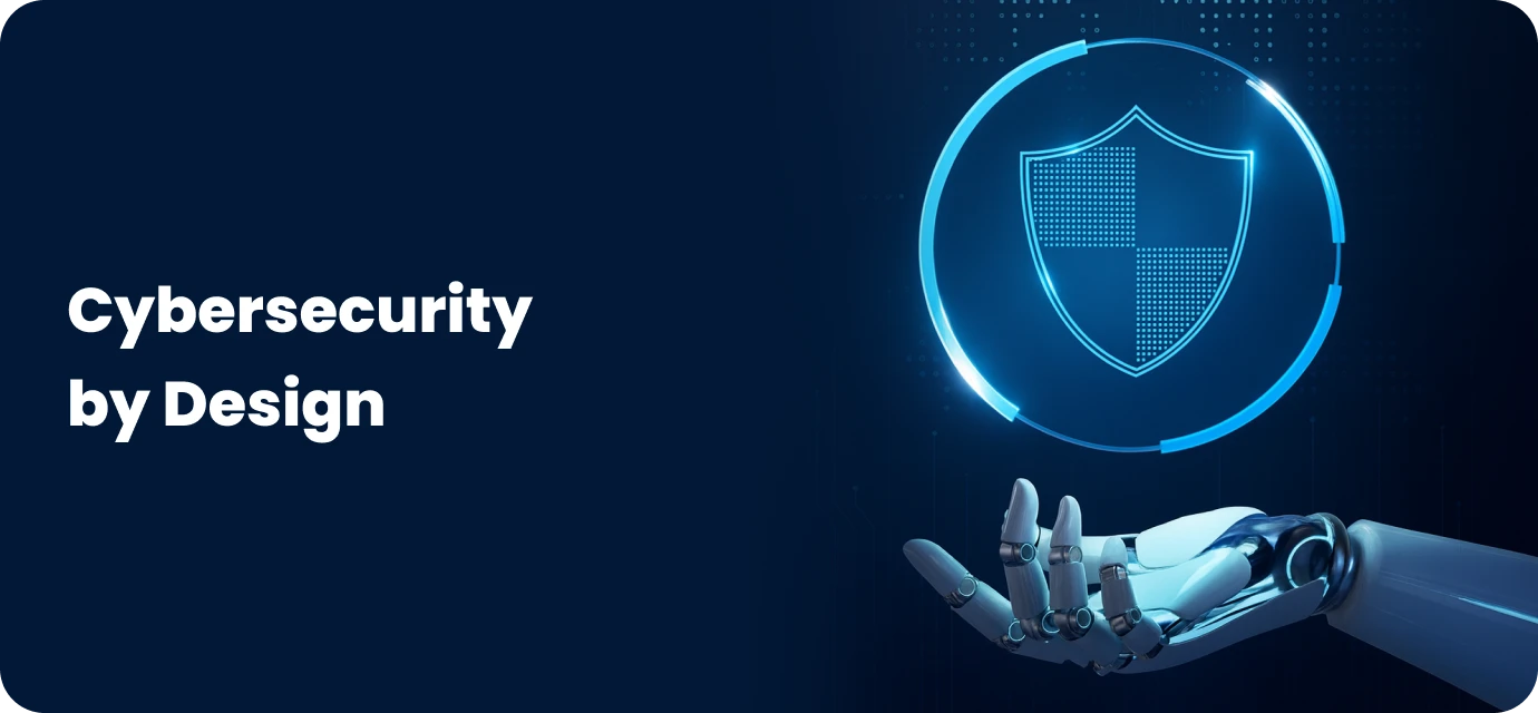 Cybersecurity by design concept with robotic hand holding a security shield.