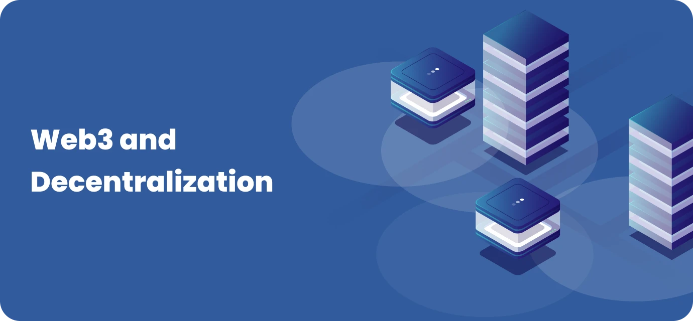 Web3 and decentralization concept with server towers and blockchain graphics.