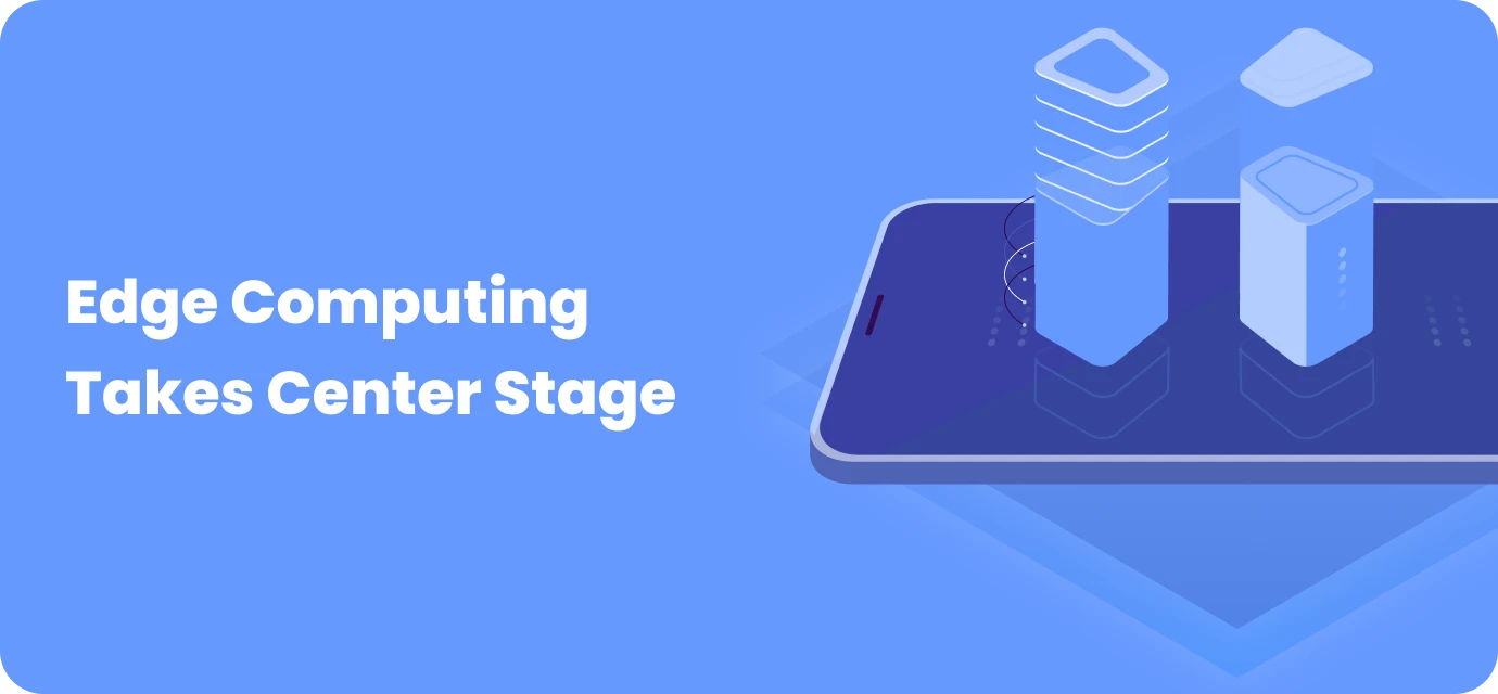 Edge computing taking center stage with digital data transfer and mobile device.