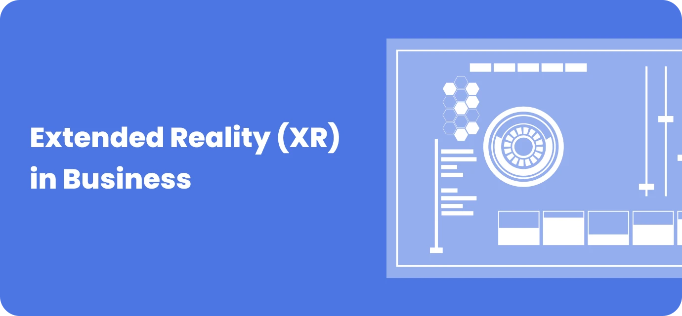 Extended Reality (XR) in business with futuristic UI and data visualization.