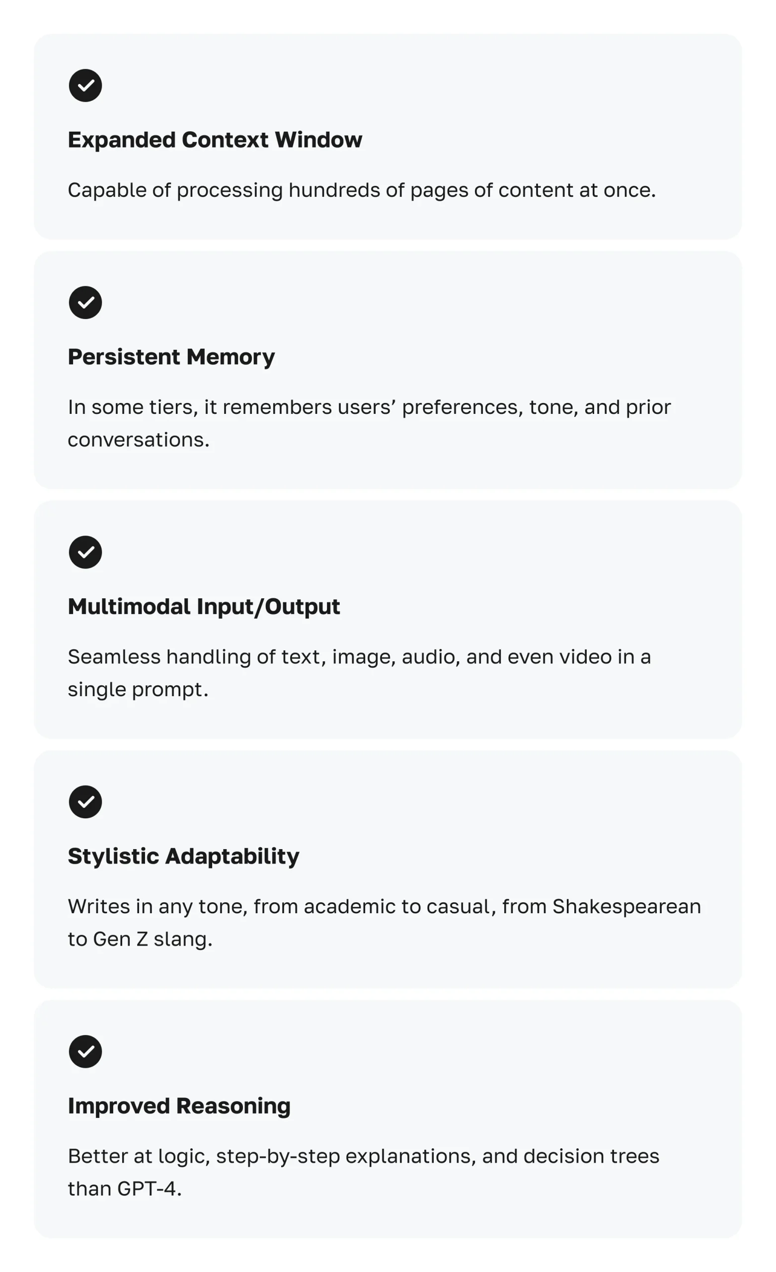 Key GPT-5 features including expanded context window, persistent memory, multimodal input/output, and improved reasoning