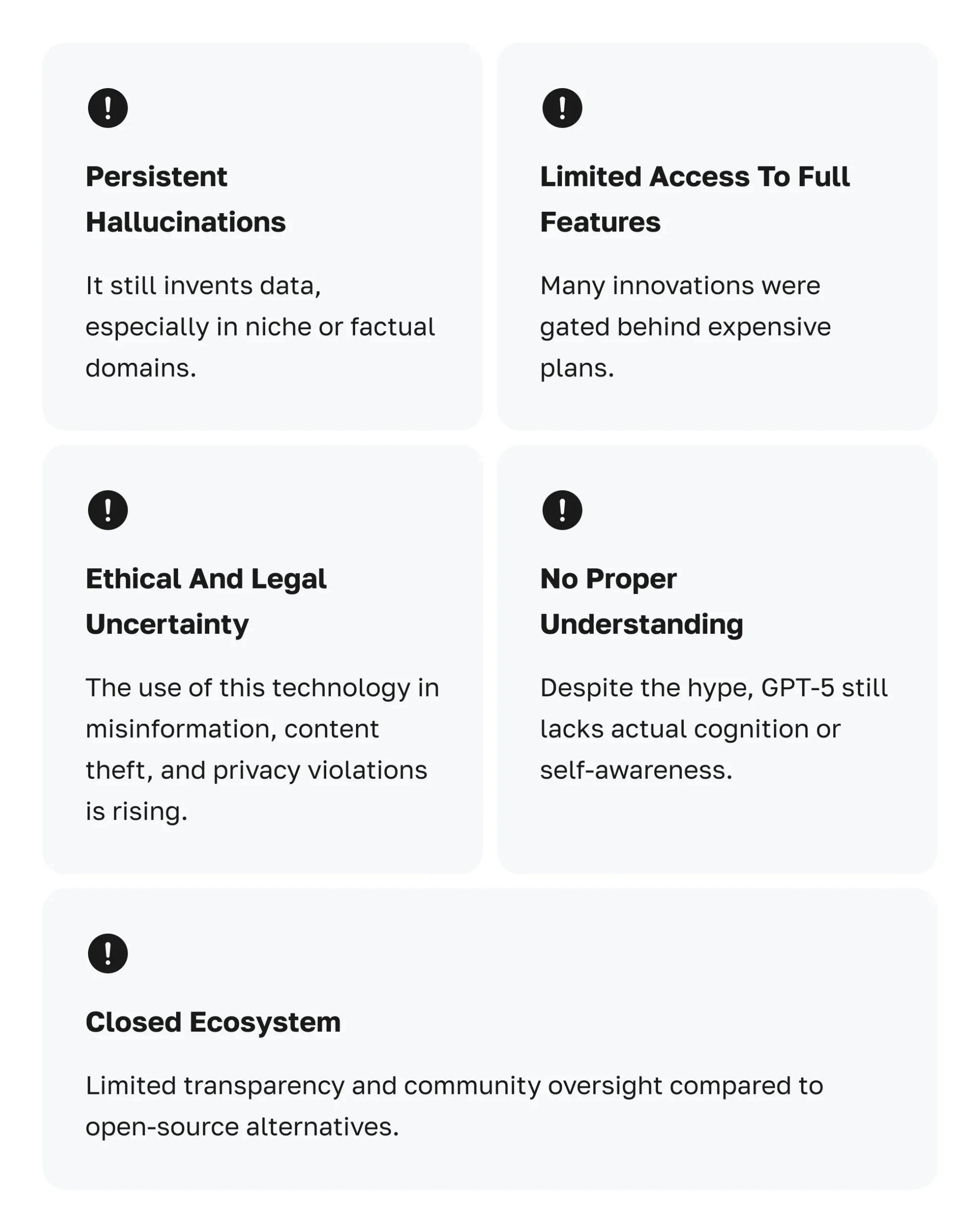 GPT-5 drawbacks including hallucinations, limited access, legal uncertainty, lack of true understanding, and closed ecosystem