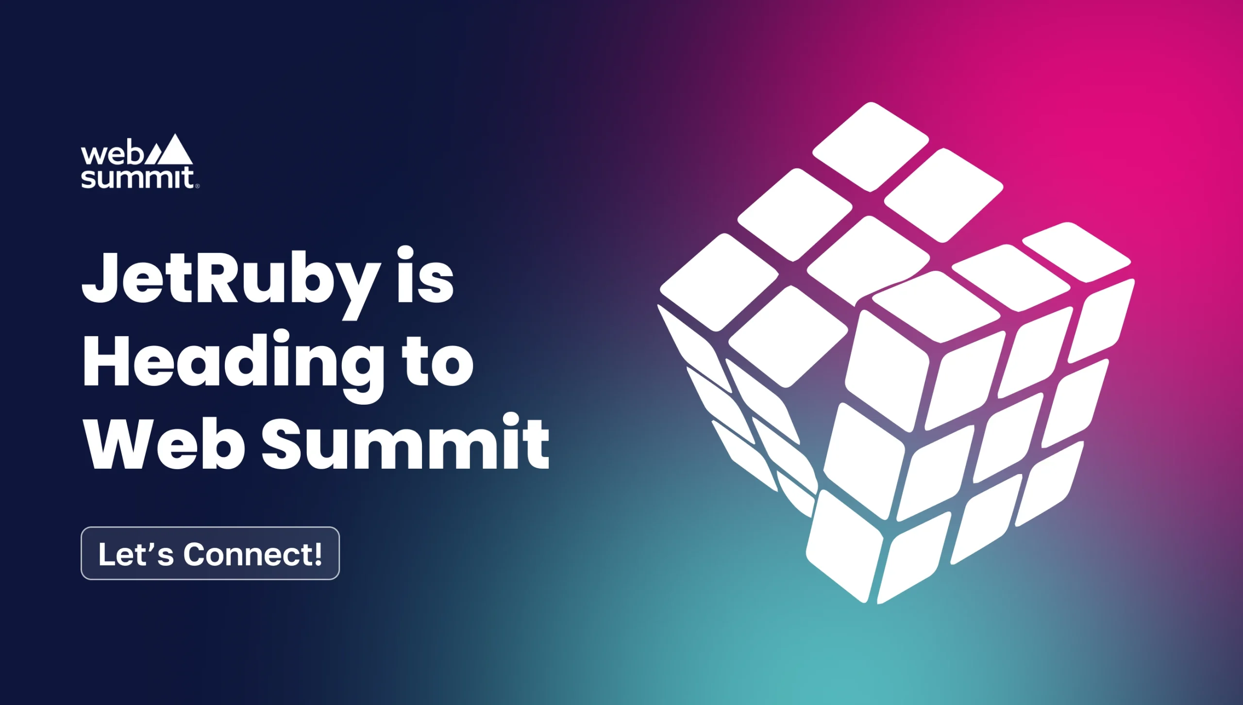 Web Summit logo and text “JetRuby is Heading to Web Summit” on a gradient background with a cube design.