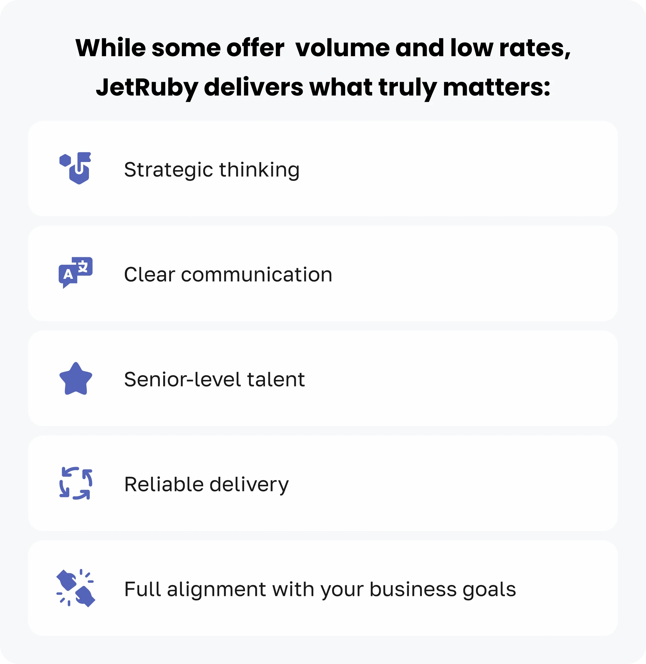 Text emphasizing JetRuby’s strengths: strategic thinking, senior talent, clear communication, reliable delivery, and alignment with business goals.