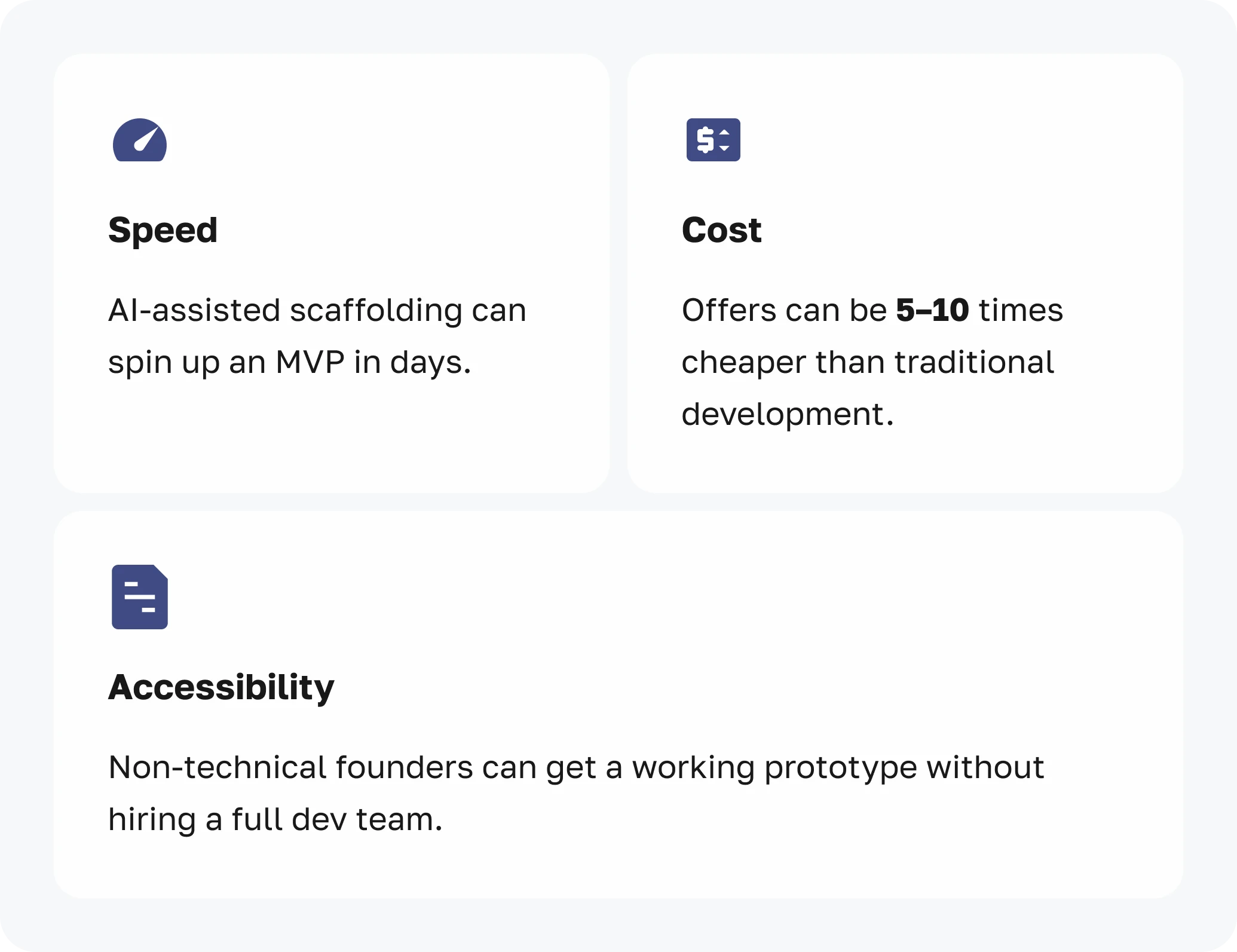 Infographic showing the benefits of vibe coding: Speed, Cost, and Accessibility.