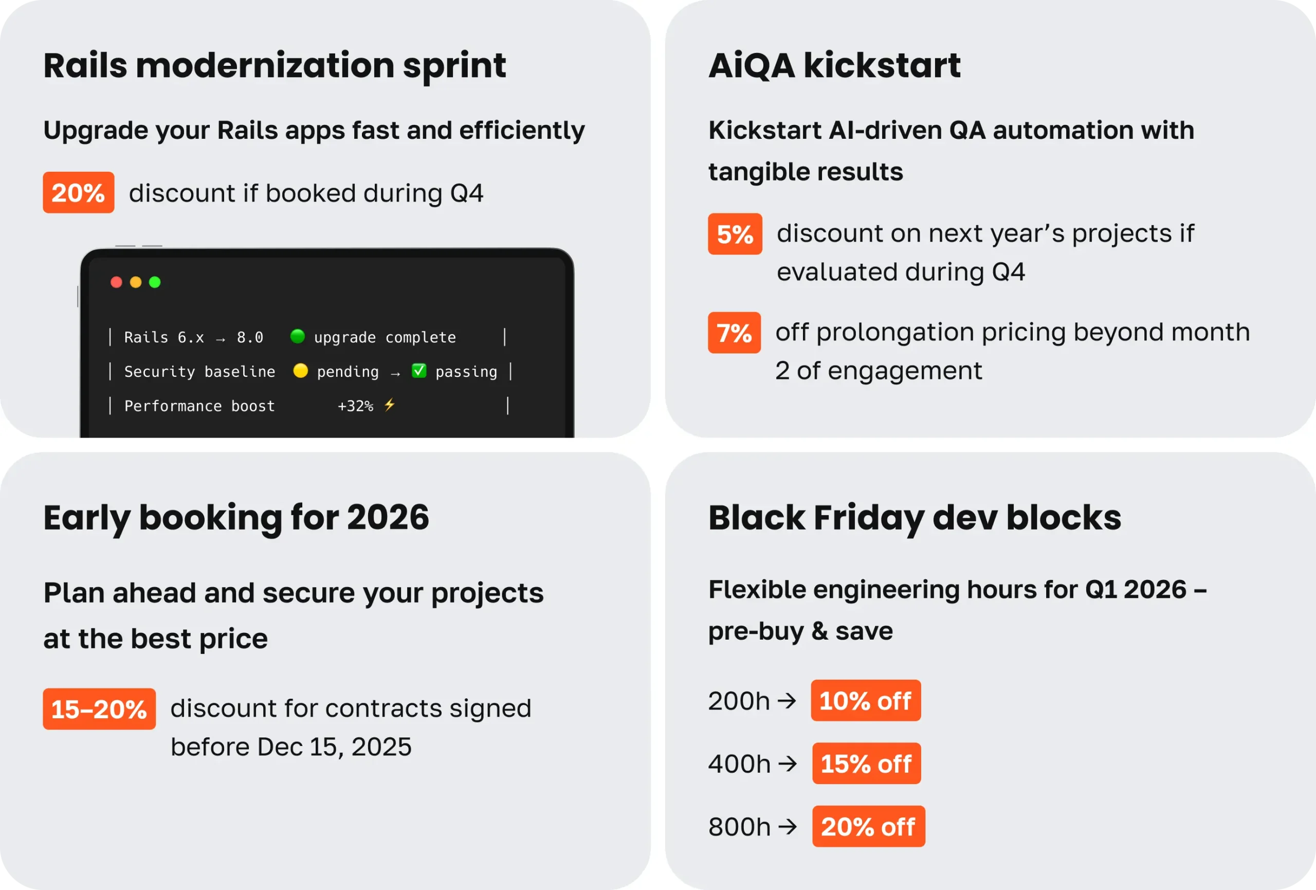 JetRuby Q4 special offers including Rails modernization sprint, AIQA kickstart, early booking discounts for 2026, and Black Friday engineering hours.