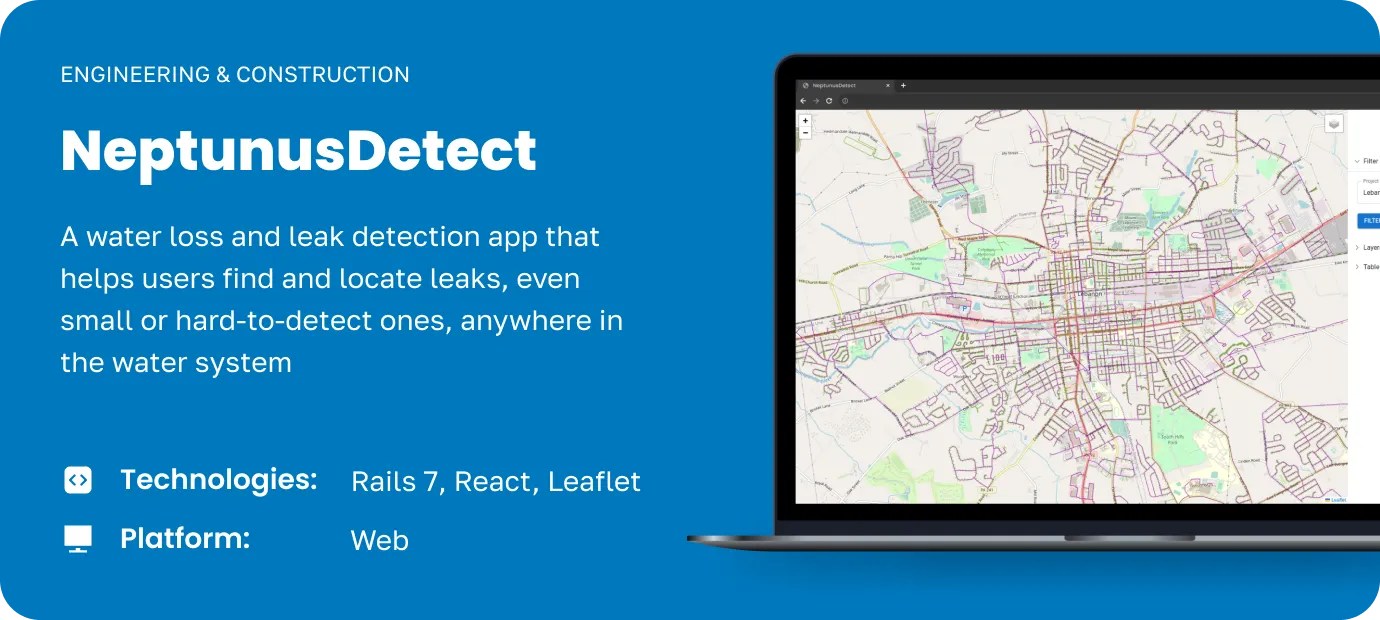 NeptunusDetect web application interface showing a city map used for water loss and leak detection, with project details and technology stack displayed.