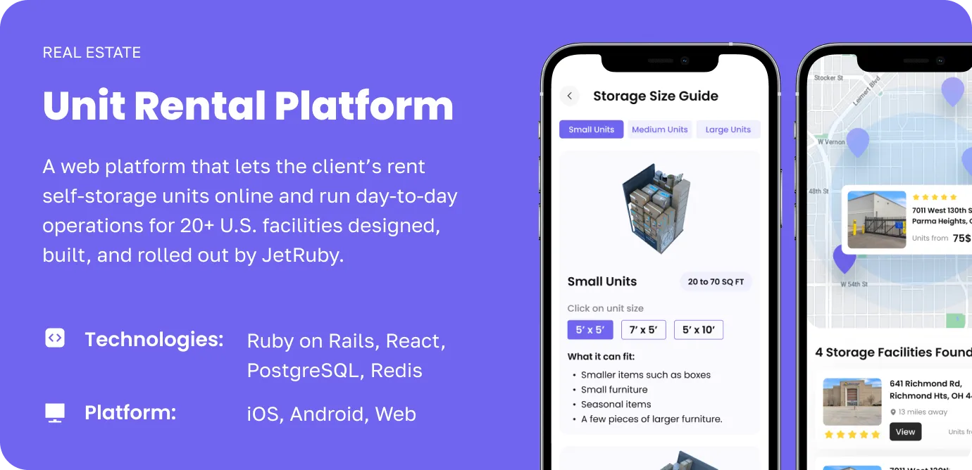 Self-storage rental web application showing a facility discovery map, unit availability, online payments, user dashboards, and an admin management panel.