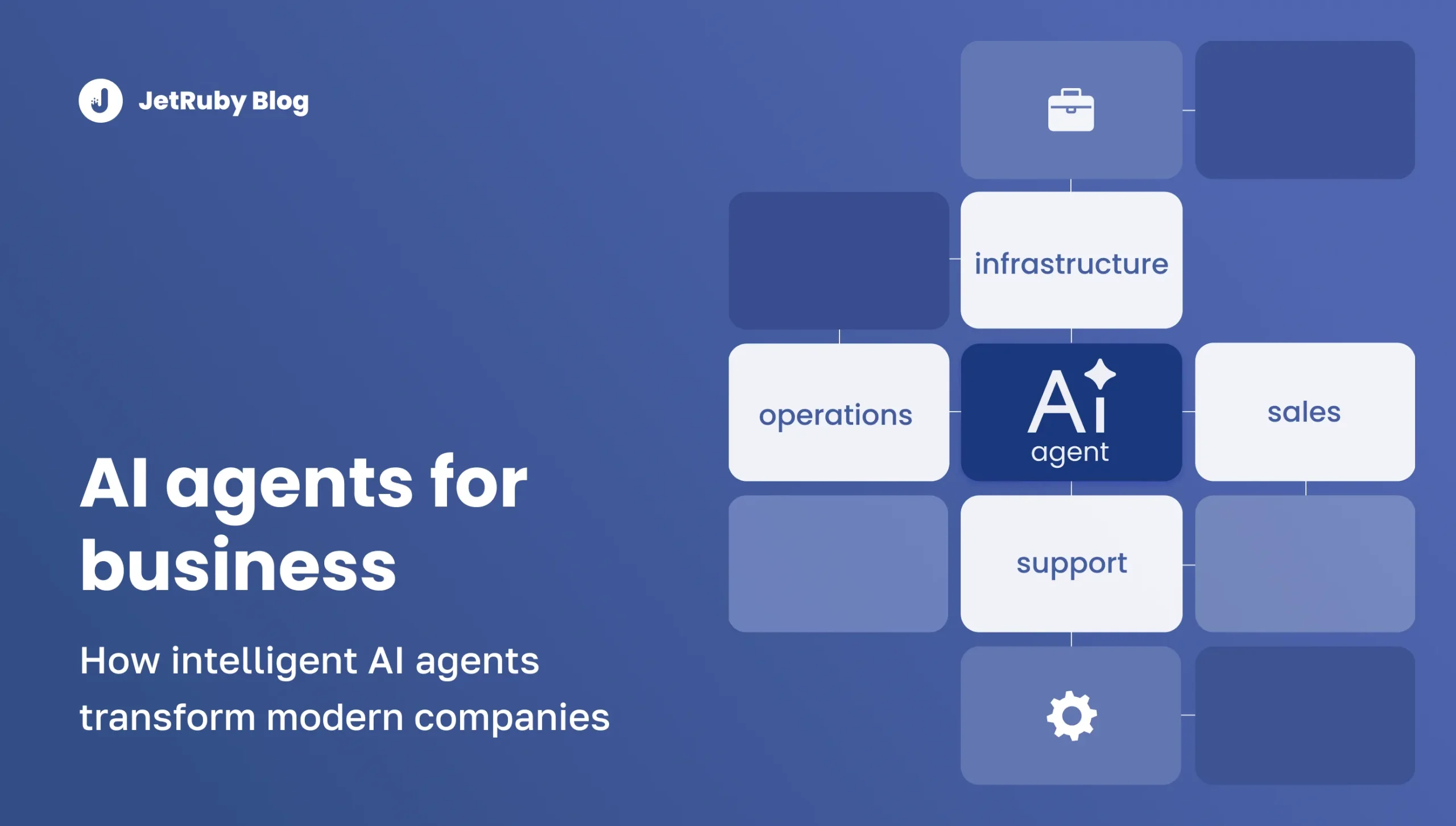 AI agents for business concept illustration showing autonomous digital systems integrating data, automating workflows, and optimizing company operations.