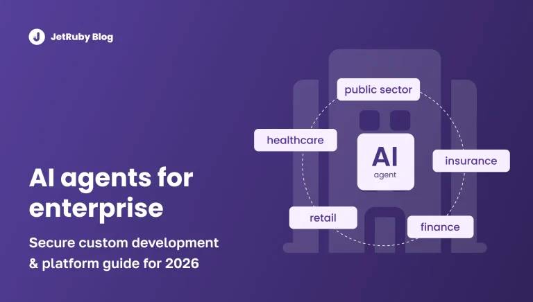 JetRuby Blog cover showing AI agent in a building connected to public sector, healthcare, insurance, finance and retail industries
