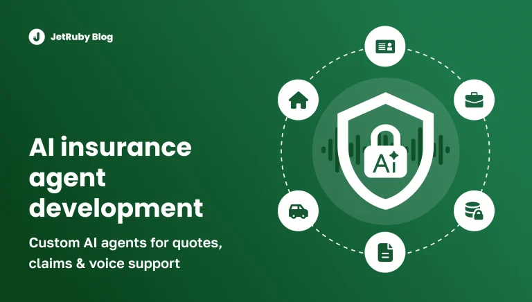 Green banner for JetRuby Blog about AI insurance agent development, showing shield with AI lock icon and insurance-related symbols around it
