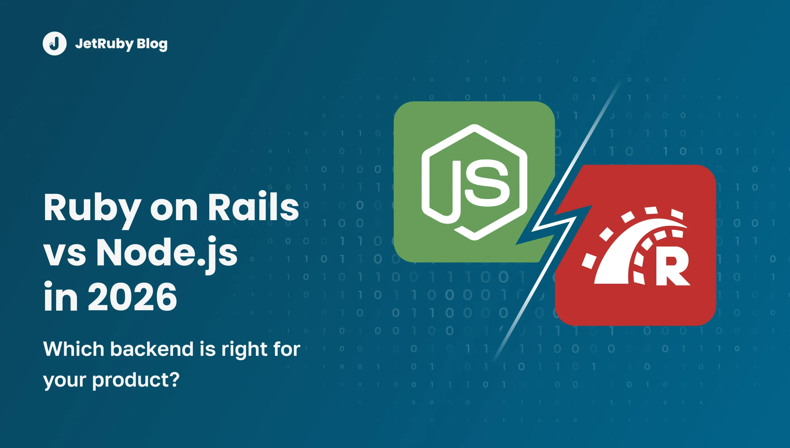 Illustration comparing Ruby on Rails and Node.js with performance, scalability, cost, and development factors highlighted for backend framework selection in 2026.